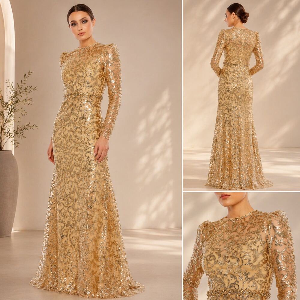 Mac Duggal 68011 Gold Embellished High Neck Gown Maxi Dress Size 24 $698